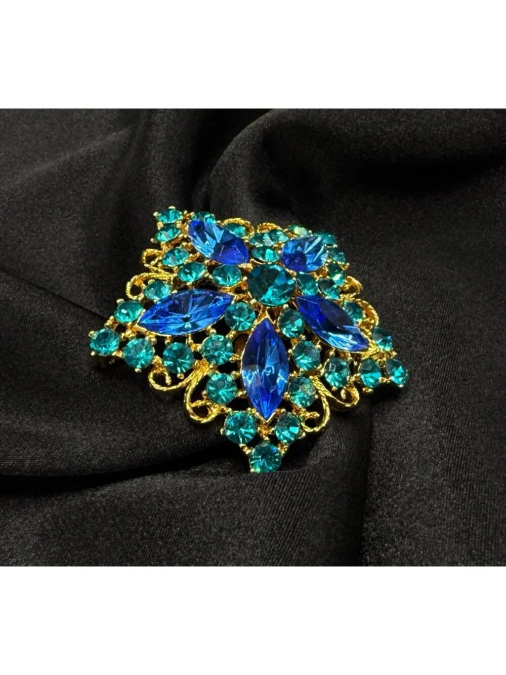 Vintage Eisenberg Ice Blue & Aqua Rhinestone Gold-Tone Starburst Brooch